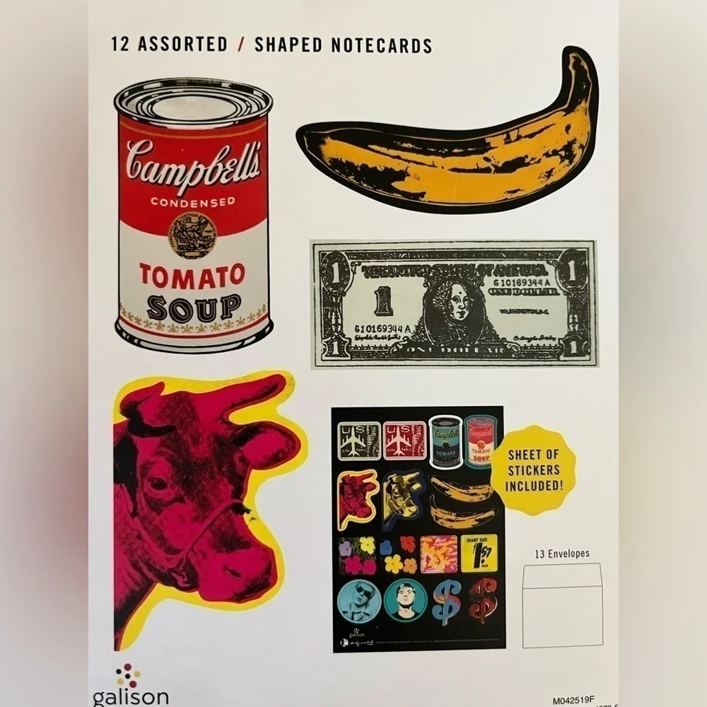 Andy Warhol shaped notecards, set of 12. NEW! Comes with stickers too.